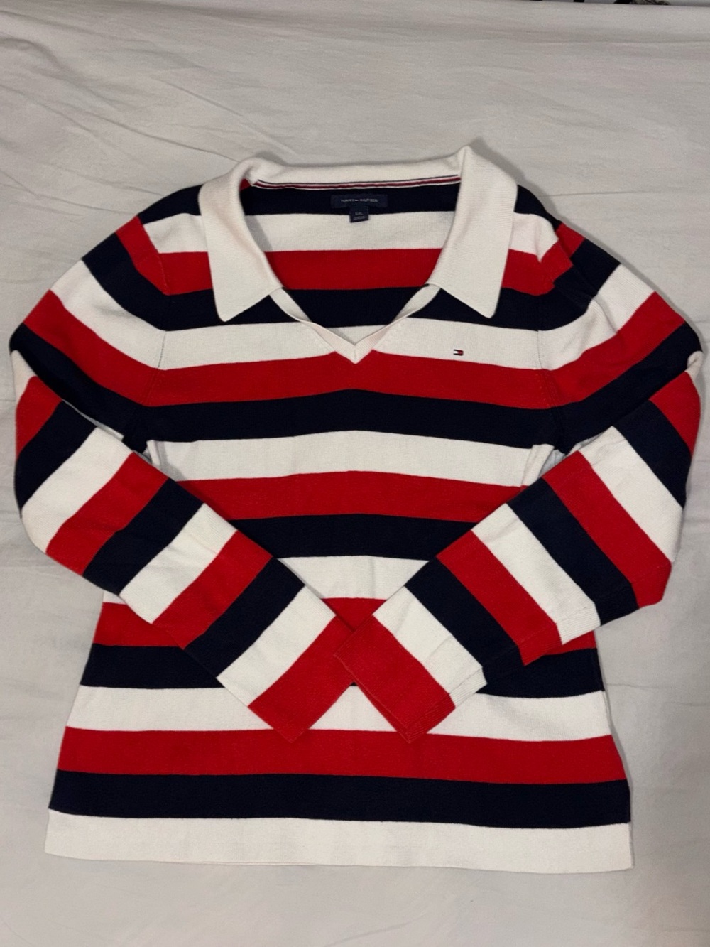 Tommy Hilfiger Red, White & Navy Striped V-Neck Polo Sweater 100% Cotton